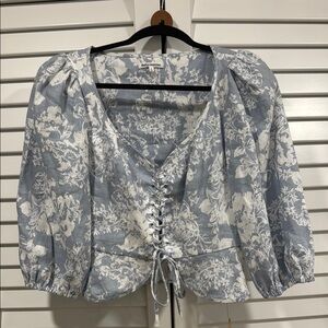Reformation Floral Lace-Up Blue Linen Top